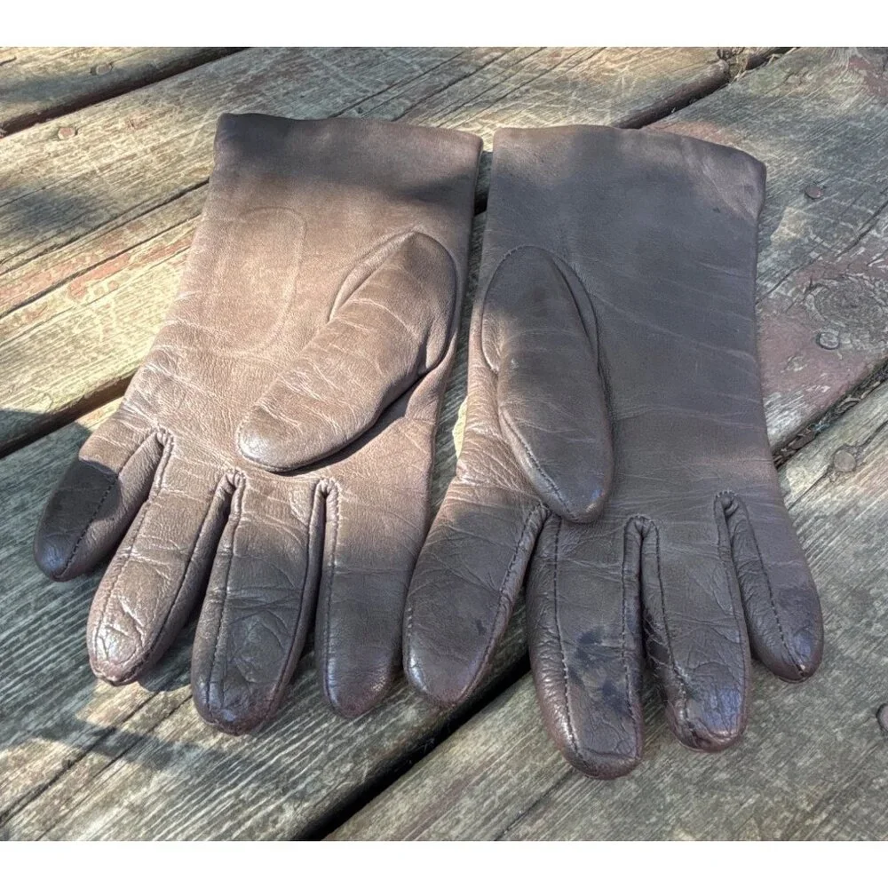 Women's Italian Leather and Cashmere Lined‎ Brown Winter Gloves Size 6.5-7